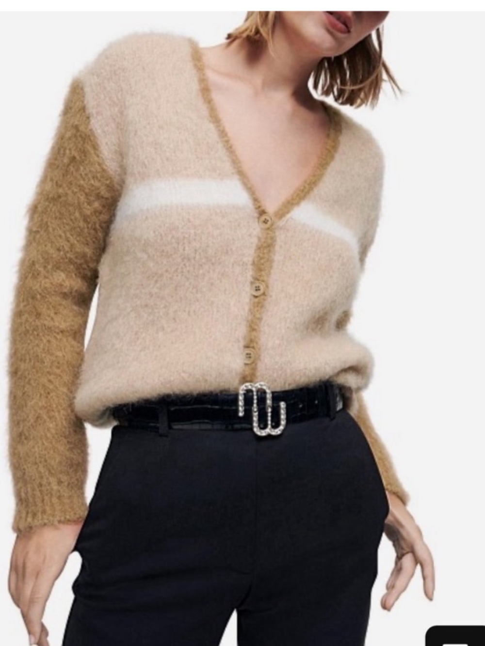 Maje Maldy Mohair Blend Cozy Women's Beige Fuzzy V-Neck Cardigan Sweater Size M